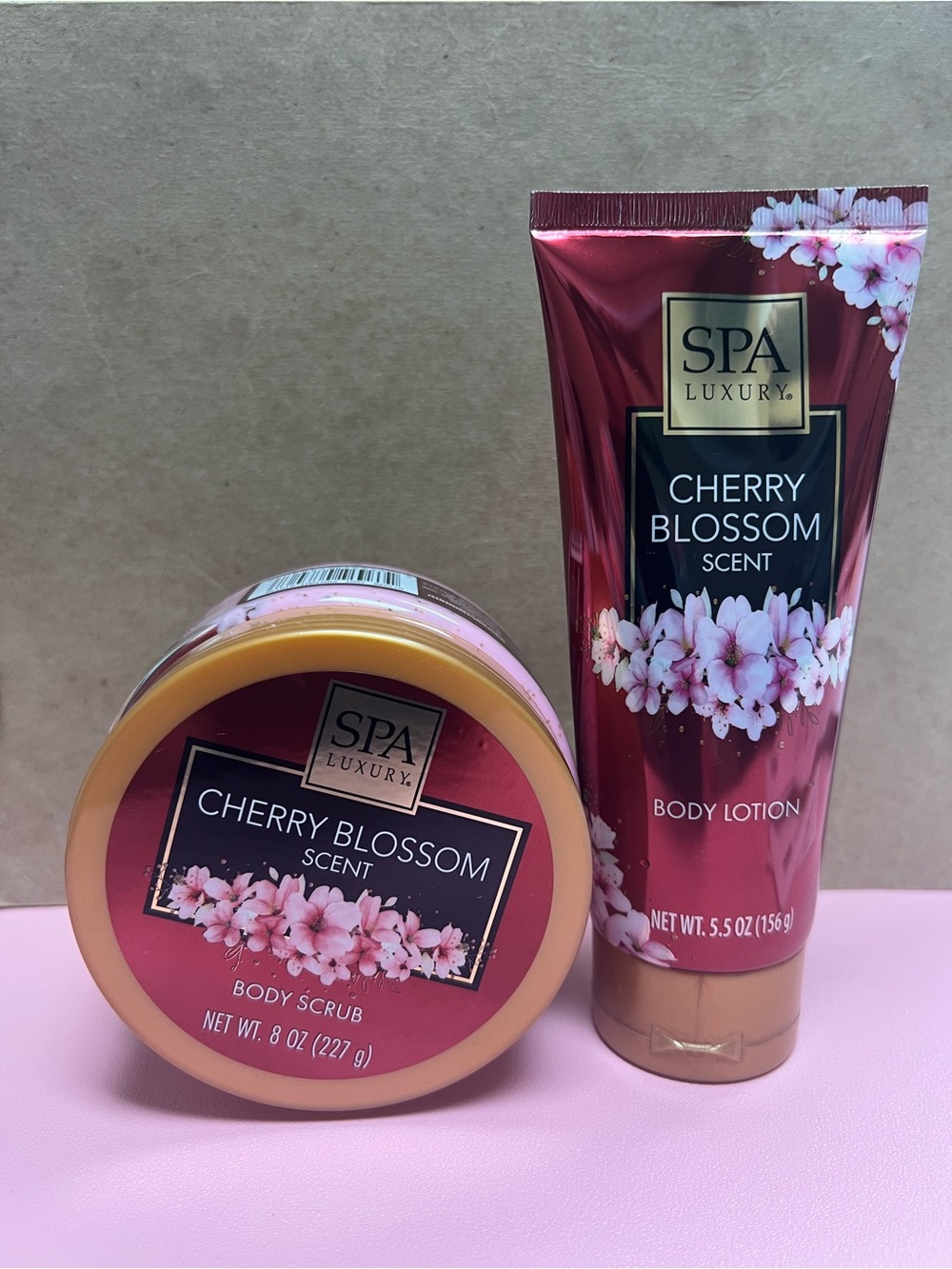 Cherry Blossom Body Lotion & Body Scrub Duo. NEW Unopened by Spa Luxury